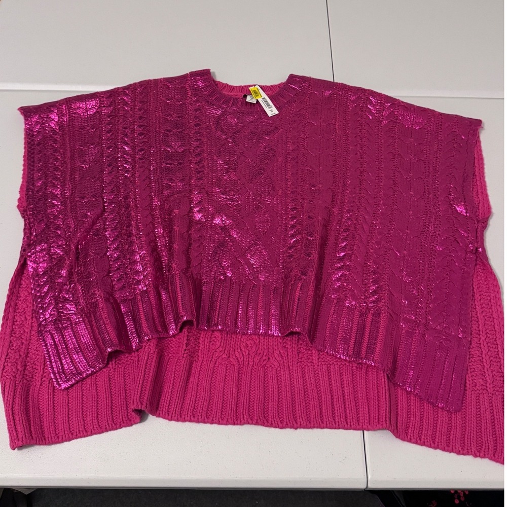 Anna‎ & Ava Pink Metallic Cable Knit Poncho Sweater DPB3661PNK OS gf